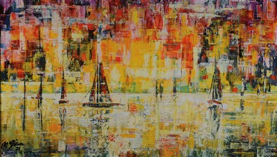 M. Poulain, datiert 1978, 2 Gemälde in Öl auf Spamplatte, Stillleben und Hafenansicht, beide signiert und datiert, je ca. 53x92cm