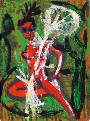 Stefan Szczesny, geb. 1951, roter Akt auf grünem Grund, Öl/Lwd, rückseitig signiert und dat. 85, ca. 40x30cm