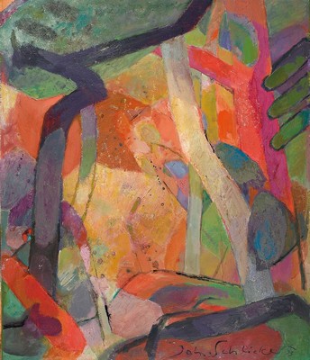 Johannes Schlicker, 1913 Essen - 2007, abstrakte Komposition, "Bosco rosso", 1993, Acryl und Öl/Sperrholzplatte, 70 x 60 cm, Rahmen