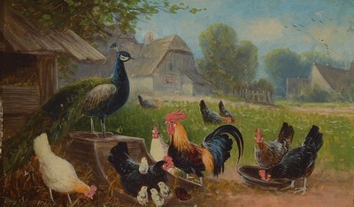Otto Scheuerer, 1862-1934 München, Pfau und Hühner auf dem Hof, Öl/Holz, links unten signiert, ca. 15x25cm, R. ca. 27x 37cm