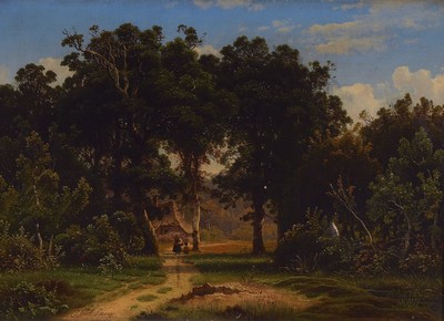 Johann Gustav Lange, 1811 Mülheim/Ruhr-1887 Düsseldorf, Mutter mit Kind auf einem Weg am Waldrand, Öl/Lwd, kleiner Lwd-Schaden, links unten ...
