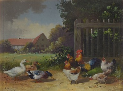 Alfred Schönian, 1856 Frankfurt/Oder-1936 München, Enten und Hühner auf dem Hof, Öl/ Holz, links unten signiert, ca. 16x21cm, u.Gl., R. ca. ...