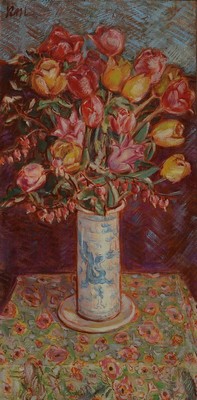 Rolf Müller-Landau, 1903-1956 Bad Bergzabern, Stillleben, Blumen in chinesischer Vase, Öl/Lwd, links oben monogrammiert, ca. 83x42cm,ca. 91x48cm, ...