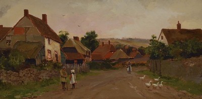 Koll Andersen, 19./20. Jh., Dorfstraße mit Figuren und Gänsen, feine differenzierte Farbgebung, re. unten signiert, ca. 20 x 40 cm, Rahmen