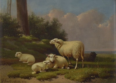 Joseph van Dieghem, 1843-1885, dat. 1875, Schafe auf der Weide, Öl/Holz, signiert, ca. 21 x 29 cm, Rahmen: 35 x 43 cm