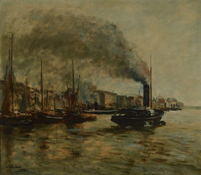 Richard Falkenberg, 1875 Wuppertal-1948 Zeulenroda, Blick auf ein Dampfschiff im Hafen, Öl/Lwd, links unten signiert, ca. 70x80cm, R. ca. 80x90cm, ...