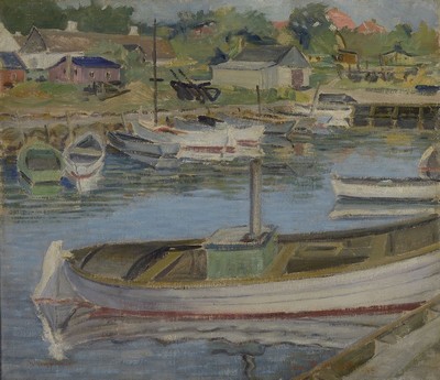 Hjalmar Alexander Krogh-Petersen, 1883-1962,Blick in einen Bootshafen, Öl/Lwd, rechts unten signiert und dat. 45, ortsbez.: Iyllinge Have, ca. ...