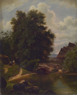 Unbekannter Romantiker, Mitte 19. Jh., Landschaft mit Bauernpaar und Kühen an der Tränke, Öl/Lwd, unsigniert, feine lasierende Malerei mit großer ...