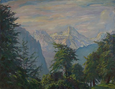Carl Friedrich Felber, 1880 Waedenswil/Schweiz-1932 Dachau, Landschaft bei Wengen, Öl/Lwd, rest., doubl., links unten signiert, ca. 70x90cm