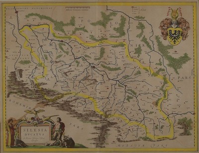 Martin Helwig, 1516 Neisse-1574 Breslau, Kupferstichkarte von Schlesien, altkoloriert, mit Wappen und Kartusche, geglättete Bugfalte, ca. 38x50cm, ...