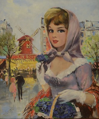 Tissot, Spätimpressionist des 20. Jh., Junge Frau vor dem Moulin Rouge in Paris, Öl/Lwd, links unten signiert, ca. 60x50cm, R. ca. 68x58cm