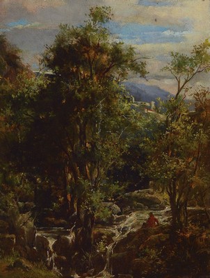 James Marshall, 1838 - 1902, Flußlandschaft mit rastender Person im roten Rock, Öl/ Malkarton, re. unten monogrammiert JM, ca. 31 x 23 cm, Rahmen ...