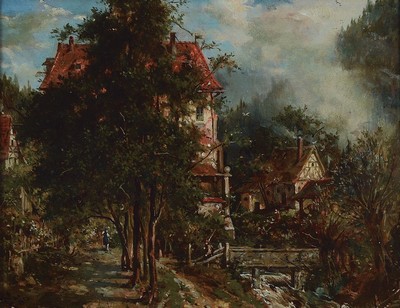 James Marshall, 1838 - 1902, Häuser am Hang mit Personen, Öl/Malkarton, li.u. monogrammiert JM, ca. 31 x 23 cm, Altersspuren, ca. 22 x 27 cm, ...