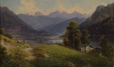 Carl le Feubure, 1805 München - 1885, Isartal bei Tölz, Öl/Lwd, signiert, krakeliert, Altersspuren, signiert, ca. 15 x 25 cm, Rahmen l. besch. und ...