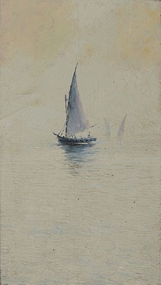 Joao Batista Castagneto, 1851 Genua - 1900 Rio de Janeiro, A Ida, Öl/Holz, Segelboote auf ruhiger See, im Hintergrund im Dunst noch zwei Segler ...