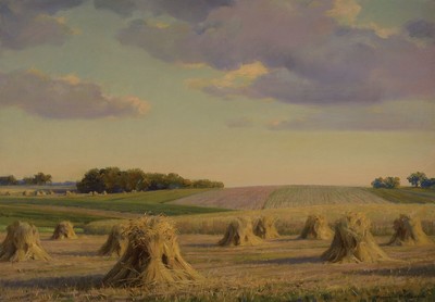 Hermann Hellbusch, 1879 Großenkneten-1968 Bad Homburg, Sommerlandschaft mit weitem Himmel und Getreidefeld mit Garben, Öl/Lwd, rechts unten ...