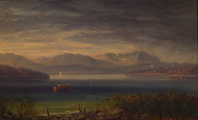F. Braun, um 1860 - 1940, Seelandschaft mit Blick auf die Mühlbergkirche bei Neustadt an der Waldnaab, ca. 12 x 20 cm, Öl/Platte, signiert, ca. ...