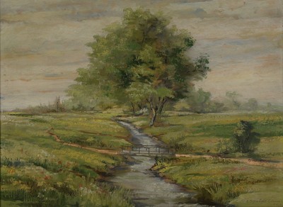 Alfred Schwäger-Crimoso, 1902 Ludwigshafen-1960 Ziegelhausen, Im Wiesenthal, rückseitig so betitelt, Öl/Sperrholz, rechts unten signiert und dat. ...