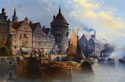 Zuschreibung Karl Kaufmann, 1843 -1905, wohl der Hafen von Danzig, Öl/Lwd, mit Pseudonym unleserlich signiert Lambert(?) und datiert 1893 (?), typ. ...