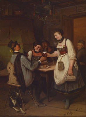 Hermann Volz, 1814 Biberach an der Riss- 1894, Wirtshausszene, Öl/Metall, rechts unten signiert und dat. 1872, rest., ca. 32x24cm, R. ca. 47x39cm