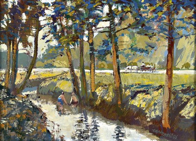 Lenkowski, Krakauer Maler, 20. Jh., Landschaft mit Pferdekarren, Öl/Malkarton, impressionistische Malweise, 22 x 32 cm, Rahmen