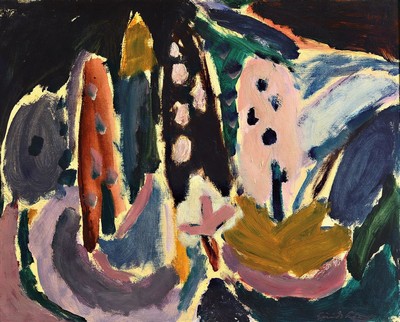 Guido Schäfer, geb. 1934 Wiesbaden, "Komposition mit Bäumen", rückseitig auf Etikett bezeichnet und num. Nr. 4, Öl/Karton, ca. 38 x 48 ...