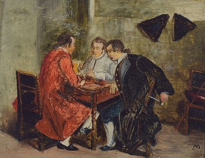 Zuschreibung: Ernest Meissonier, 1815-1891, Drei Männer im Gespräch am Tisch, Öl/Holz, rechts unten monogrammiert M, ca. 9x11.5cm, Rahmen mit ...