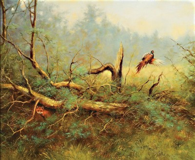 Hans Pfaff, 1939-2019, Fuchs und Fasan am Waldrand, Öl/Lwd, links unten signiert, ca. 50x60cm, R. ca. 65x75cm
