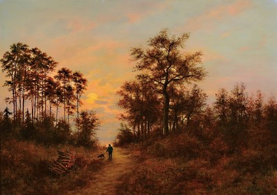 Hans Pfaff, 1939-2019, Herbstlicher Wald im Abendlicht, Mann und Hund auf dem Waldweg, Öl/Lwd, rechts unten signiert, ca. 51x72cm, R. ca. 63x85cm