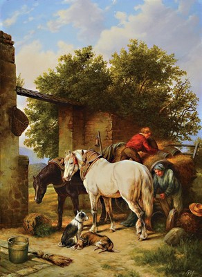 Hans Pfaff, 1939-2019, Männer mit Heuwagen, Pferden und Hunden vor einem Stadttor, Öl/ Lwd, signiert, ca. 74x54cm, R. ca. 90x70cm