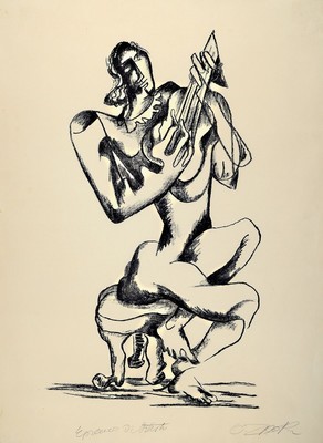 Ossip Zadkine, 1890-1967, Le joueur de Luth, Lithographie von 1965, handsigniert, bezeichnet: epreuve d'Artiste, unter Glas gerahmt, Blatt ca. ...