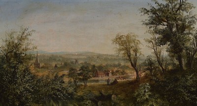 T. Walker, englischer Maler, Mitte 19. Jh., leicht hügelige Landschaft mit Dorf und rastenden Personen in Wales, Öl/Lwd, differenzierte Farbgebung ...
