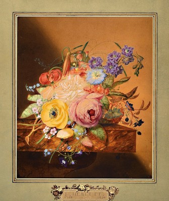 Zuschreibung James Hewlett, 1768-1836, Blumenstillleben, feine Gouachemalerei auf Papier, hohe Stofflichkeit, auf PP bezeichnet, 38 x 32.5 cm, Rahmen ...