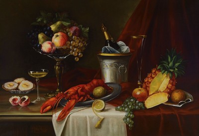 A. E. Stolzenberg, deutscher Maler des 19./20.Jh., Üppiges Stillleben mit Hummer, Wein und Obst, Öl/Lwd, links unten signiert, ca. 70x 100cm, R. ...