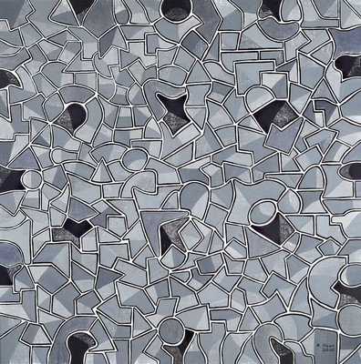 Karin Maas, geb. 1952, Messen und Ausstellungen im In-Ausland, abstrakte Komposition,Titel: Silber im Blick, Acryl/Lwd, re. unten sign., R. ca. 83x83 ...
