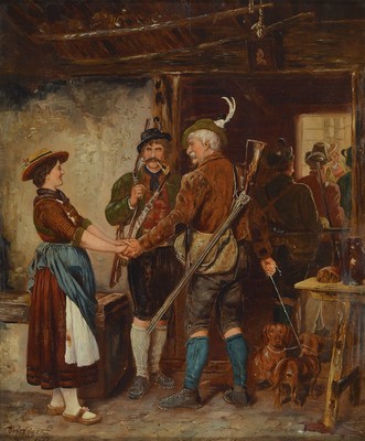 Umkreis Franz von Defregger, 1835 Stronach - München 1921, Abschied der Jäger, Genreszene mit Jägern und Dirndl in der Hütte, herzlicher Abschied ...