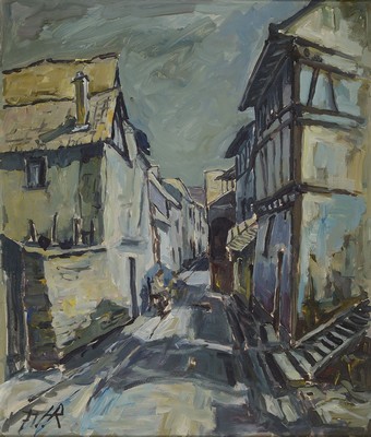 Heinz Reiss, 1923-2012 Haßloch, Schüler von Philipp Steinmetz, Mitglied der Künstlergruppe worbs, hier: Blick in eine Gasse, Öl/Lwd, links unten ...