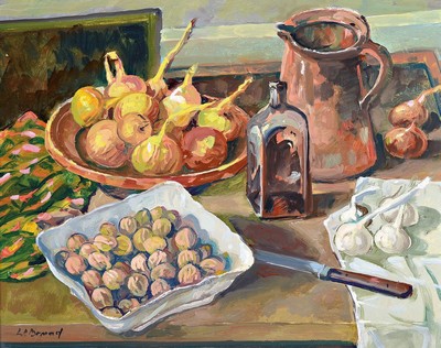 Werner Brand, geb. 1933, Stillleben mit Zwiebeln, Nüssen und Knoblauch, Öl/Malkarton, links unten signiert, ca. 40x50cm, R. ca. 48x58cm