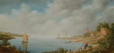 Carl Löger, 1896 Wien-1978, Traditionalist, Seeuferlandschaft, Öl/Hartfaser, links unten signiert, ca. 24x50cm, R. ca. 40x64cm