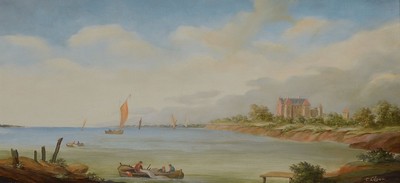 Carl Löger, 1896 Wien-1978, Traditionalist, Seeuferlandschaft, Öl/Hartfaser, links unten signiert, ca. 24x50cm, R. ca. 40x64cm