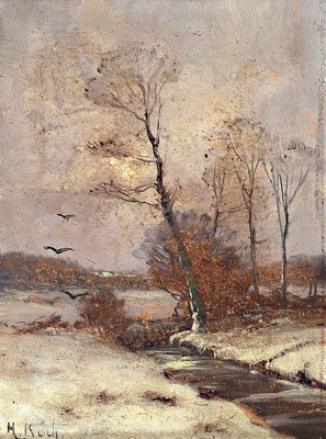 Heinrich Koch, geb. 1814 zu Krefeld, Schüler der Düsseldorfer Akademie, Winterlandschaft, Öl/Holz, links unten signiert, ca. 23x17cm/40x35cm, ...