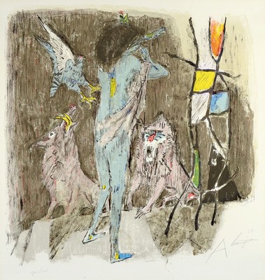 Alois Carigiet, 1902- 1985, war ein schweizer Maler, Zeichnet und Kinderbuchautor,hier: Farblithografie, sign., dat. 67, unter Glas gerahmt, gesamt ...