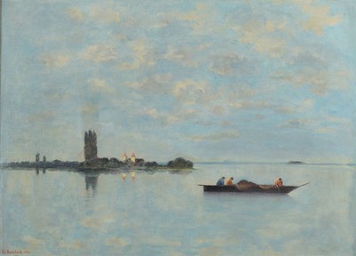 Hermann Rombach, 1890 Böckingen-1970 Bietigheim, Heuboot vor der Insel Reichenau auf dem Bodensee, Öl/Holz, links unten signiert und dat. 1947, ca. ...