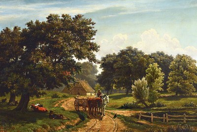 Zuschreibung: Berend Goos, 1815-1885 Hamburg, Studium in Hamburg und in Karlsruhe, hier: bewaldete Landschaft, ein Bauer fährt mit dem leeren ...