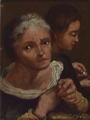 wohl niederländischer Künstler, um 1760, zwei Frauen, Öl/Holz, unsigniert, l. Altersschäden, ca. 12.5 x 9 cm, alter Prunkrahmen, Altersschäden