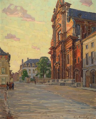 Heinz Heinrichs, 1886 Aachen - 1957 Berlin, Stadtansicht mit Personen, Öl/Malkarton signiert, ca. 83 x 67 cm, Rahmen