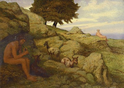 Wilhelm Süs, Düsseldorf 1861 - Mannheim 1931, Felsenlandschaft mit flötespielendem Hirten, Tieren und Mädchen im Hintergrund, Öl/Malkarton, li. ...