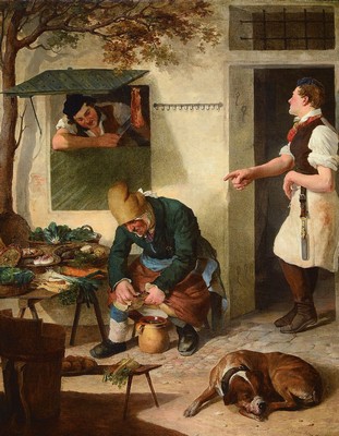 Eduard Ritter, 1808 Wieden - 1853 Wien, Biedermeier, Genreszene mit drei Burschen im Hof, Mann beim Gemüse putzen, zwei Burschen mit Fleisch bzw. ...