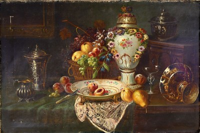 Eduard Huber-Andorf, 1877 Grafing-1965 Germering, Maler der Münchener Schule, hier: Üppiges Stillleben mit feinem Porzellan, Silber und Obst, ca. ...