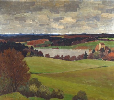 Carl Steiner, 1875 Zürich-1948 Basel, Hügelige Landschaft mit See, Öl/Lwd, links unten signiert, ca. 85x100cm, R. ca. 100x114cm